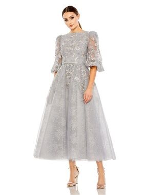 Mac Duggal 20418 Gray High Neck Puff Sleeve Embellished Dress Size 14 NWT